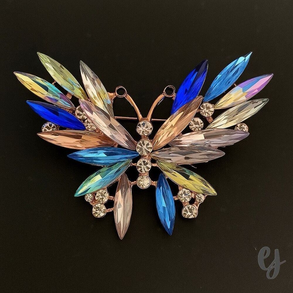 Lyra Vintage Style Butterfly Brooch Lapel Pin with Sparkly Marquise Crystals